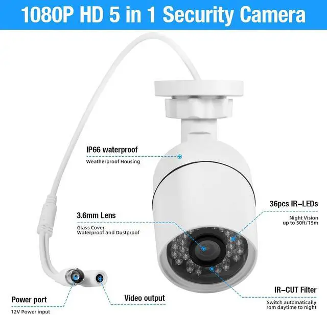 Alt view image 4 of 7 - Fuers 1080P CCTV Camera Outdoor Indoor Hybrid 5 in 1 HD AHD/CVI/TVI/CVBS/XVI Home Security Cameras System,Night Vision,Waterproof ABS Housing Bullet Cam for 960H,720P,1080P, Analog Surveillance DVR