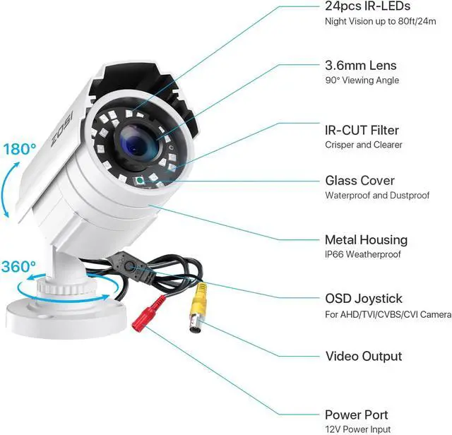 Alt view image 7 of 7 - ZOSI 1080P HD TVI Security Camera 2-Pack, Black & White Bullet Cameras for Home Office Surveillance
