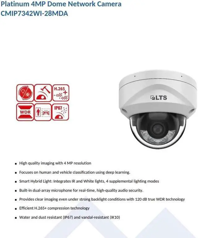 Alt view image 2 of 6 - LTS Platinum CMIP7342WI-28MDA IP 4MP Smart Hybrid Light LED Mic Ai WDR Vandal Dome Camera LTCMIP7342WI-28MDA, CMIP7342W-28MDA, CMIP7342W-28M, LTCMIP7342W-28MDA, LTCMIP7342W-28M