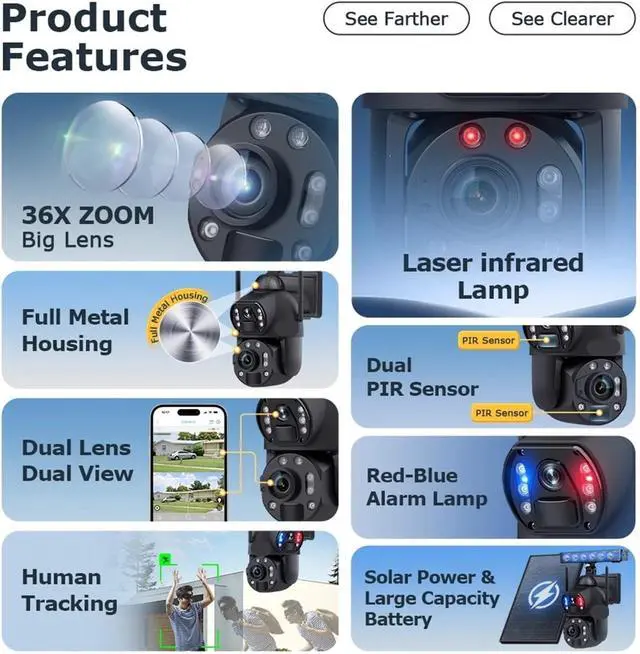 Alt view image 5 of 7 - 8MP 4K 36X Zoom 4G Solar Camera Dual Lens Auto Tracking CCTV