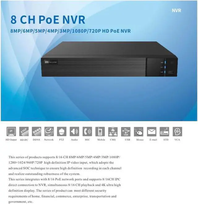 Alt view image 2 of 5 - ENS Titanium ED9308H5NV-8P-3NB 8CH IP 8MP 30fps 80Mbps 8 Port POE Ai 4K 2160p HDMI VGA, Audio, 1 SATA NDAA NVR