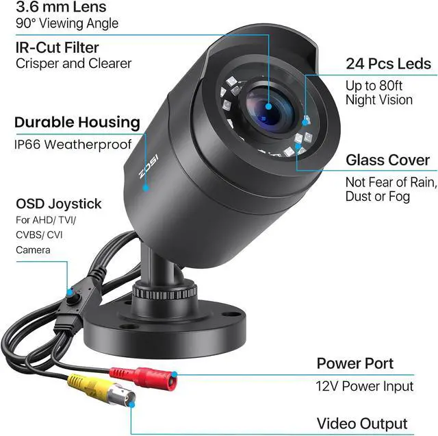 Alt view image 7 of 7 - ZOSI 2-Pack Hybrid 4-in-1 Security Cameras - 2MP 1080P 1920TVL Outdoor Indoor CCTV System, TVI/CVI/AHD/CVBS Compatible, 80ft IR Night Vision Weatherproof, for 960H/720P/1080P/5MP/4K Analog DVR.