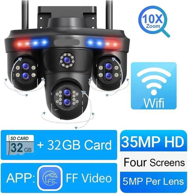 Alt view image 6 of 7 - 35MP 7 Lens 10X Zoom 3PTZ 360° WiFi Outdoor IP Camera