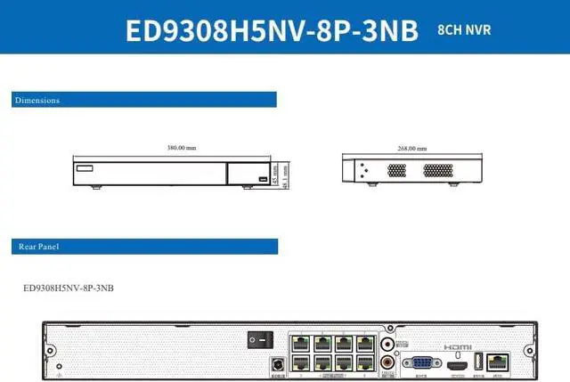 Alt view image 4 of 5 - ENS Titanium ED9308H5NV-8P-3NB 8CH IP 8MP 30fps 80Mbps 8 Port POE Ai 4K 2160p HDMI VGA, Audio, 1 SATA NDAA NVR