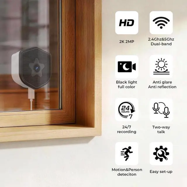 Alt view image 6 of 6 - 2K Window Security Camera, 2.4GHz & 5GHz WiFi Indoor Window Cameras for Home Security with Color Night Vision, AI Event Detection with Smart Search, No Drill Window Camera for Apartment