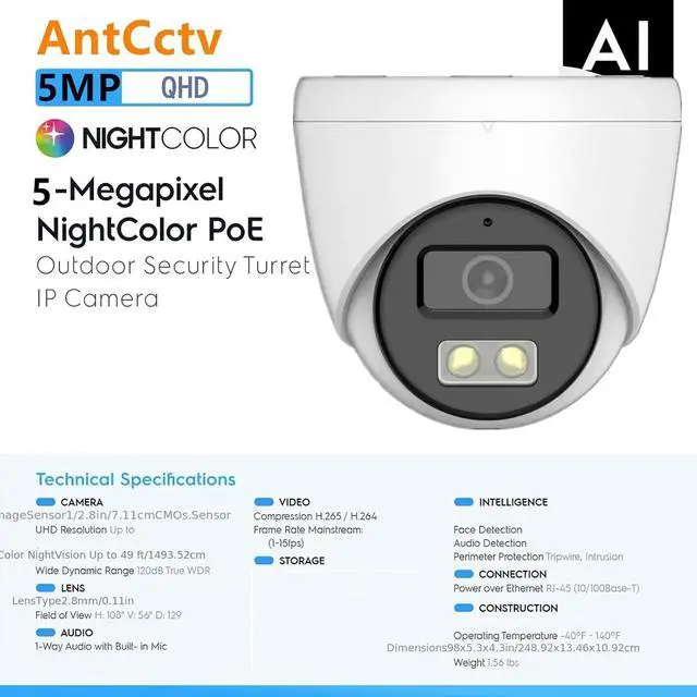Alt view image 6 of 7 - 5MP PoE Dome Security Camera, 2.8mm Wide Angle Lens with WDR, 98 Degree View for Outdoor, IP67
