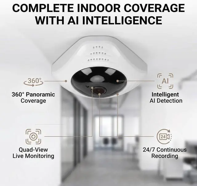 Alt view image 2 of 7 - 1080P WiFi Security Camera, 360 Panorama, Ceiling Mount