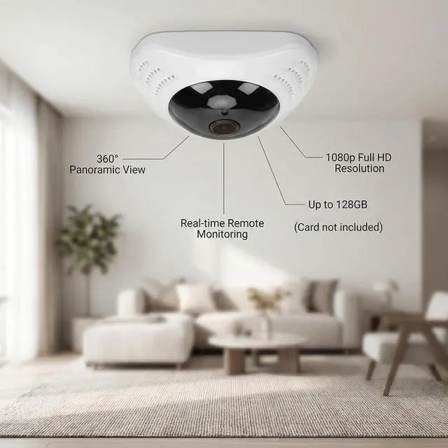 Alt view image 3 of 7 - 1080P WiFi Security Camera, 360 Panorama, Ceiling Mount