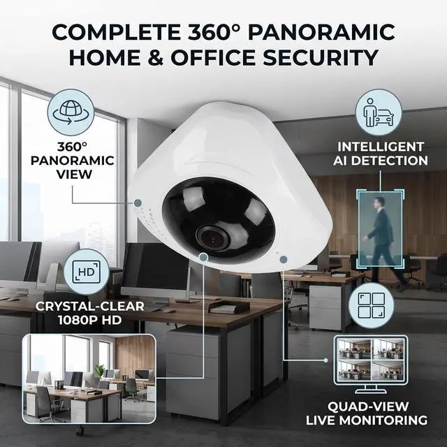 Alt view image 2 of 7 - WiFi Security Camera, 360 Panoramic Indoor Camera with AI Motion Tracking, 1080p HD Ceiling Mount Cam, 24/7 Recording for Home Office