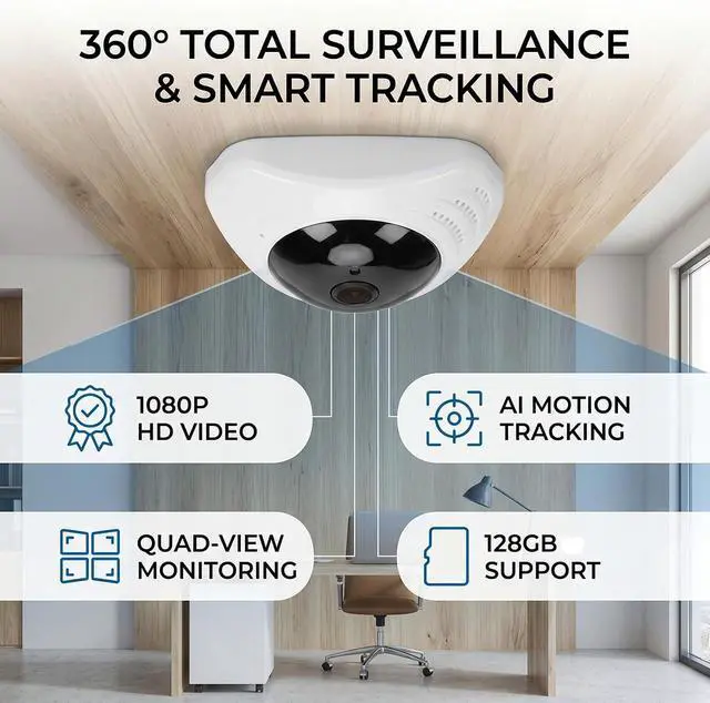 Alt view image 7 of 7 - WiFi Security Camera, 360 Panoramic Indoor Camera with AI Motion Tracking, 1080p HD Ceiling Mount Cam, 24/7 Recording for Home Office