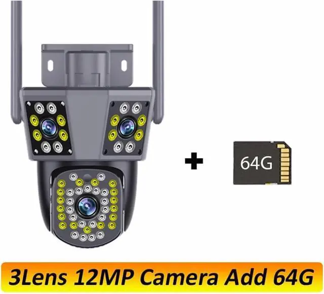 Alt view image 2 of 7 - Outdoor 6K 12MP IP Camera: 3 Lens, 3 Screens, WiFi, Auto Tracking PTZ for Ultimate Surveillance(US Plug,12MP ADD 64G)