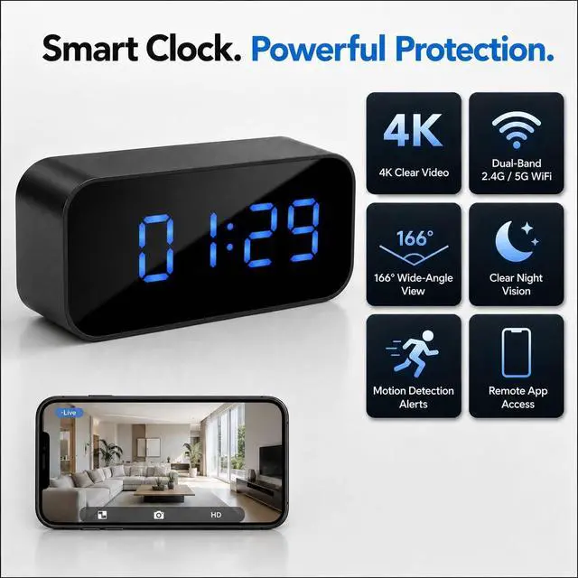 Alt view image 2 of 7 - Hidden Camera Clock, 4K WiFi Nanny Cam for Home Security & Pet Monitor