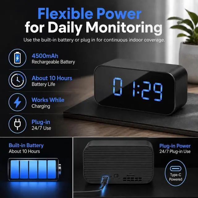 Alt view image 7 of 7 - Hidden Camera Clock, 4K WiFi Nanny Cam for Home Security & Pet Monitor