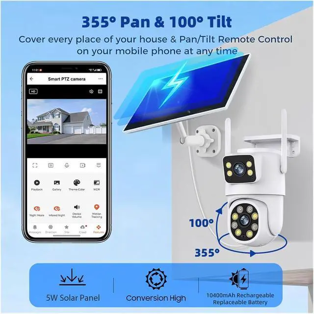 Alt view image 2 of 6 - 4MP Dual Lens Solar Battery Powered WiFi Outdoor Security Camera Color Night Vision PIR Motion Detection Auto Tracking(Solar Cam)