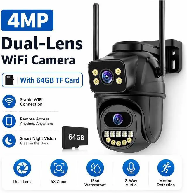Alt view image 2 of 7 - 4K 8MP WiFi Outdoor PTZ Security Device Dual Lens Dual Screen AI Auto Tracking Two Way Audio Surveillance Equipment(8MP Add 64G Card)