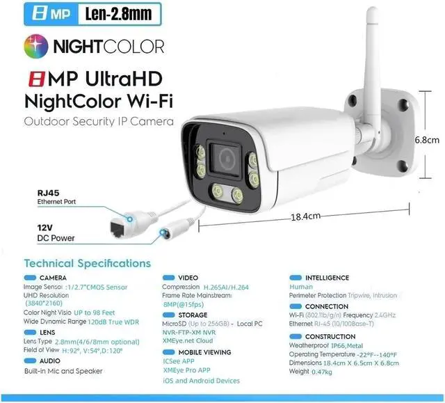 Alt view image 6 of 6 - ICsee 4K 8MP Outdoor Security WiFi AI Camera 98ft NightColor Human Detection Bullet Waterproof IP Camera H.265 2.8mm(6mm)