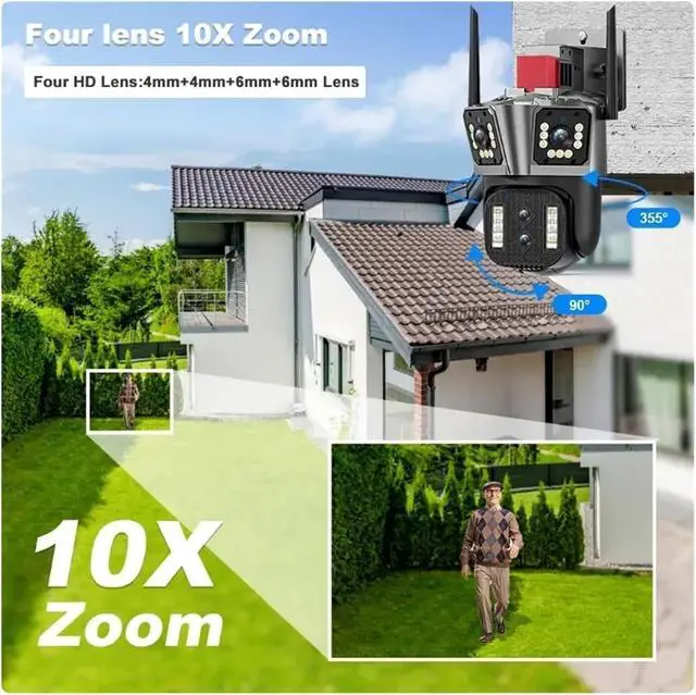 Alt view image 5 of 7 - 16MP 8K WiFi Outdoor Security Cam Four Lens Three Screen 10X Optical Zoom 360° Auto Tracking Surveillance Device(EU_8K CAM 10X)