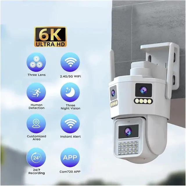 Alt view image 2 of 7 - 12MP 6K Triple Lens WiFi PTZ Waterproof Outdoor Security Camera, AI Auto Motion Tracking Wireless Surveillance Camera for All-Round Property Protection(6K CAM)