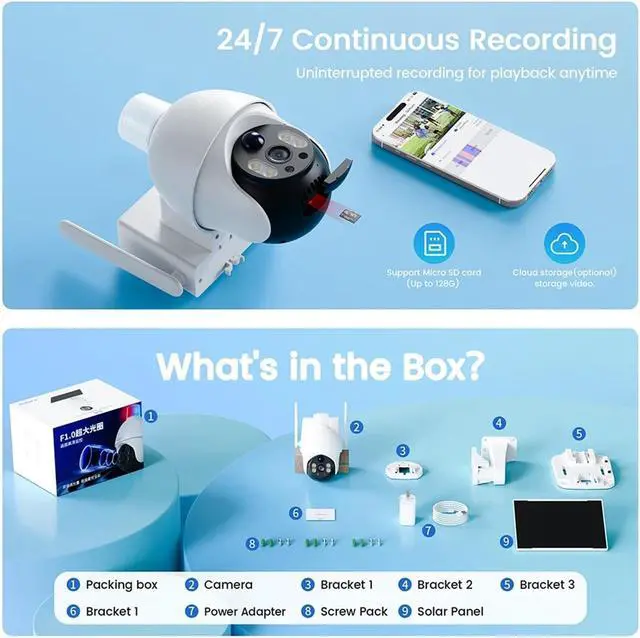 Alt view image 4 of 6 - WiFi 8MP Solar Outdoor Cameras PTZ Surveillance Outdoor Waterproof Security Cams Color Night Vision Smart Home(E Plug,4G Camera)