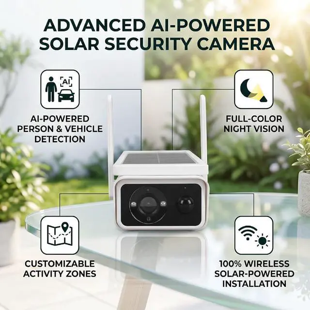 Alt view image 3 of 7 - Solar Security Camera, ABS Solar WiFi Home Security Camera, 3MP 2.5K PTZ AI Human Vehicle Detection, Color Night Vision, IP66 Outdoor Monitoring for Home Yard Garage
