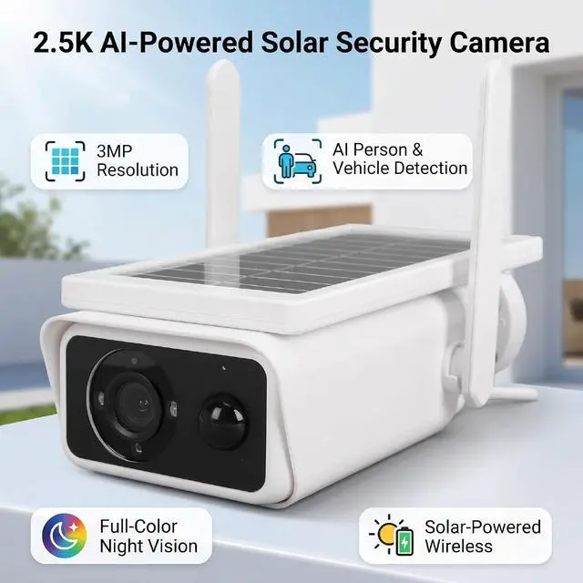 Alt view image 2 of 7 - Solar Security Camera, ABS Solar WiFi Home Security Camera, 3MP 2.5K PTZ AI Human Vehicle Detection, Color Night Vision, IP66 Outdoor Monitoring for Home Yard Garage