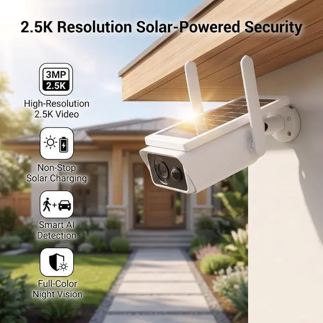 Alt view image 5 of 7 - Solar Security Camera, ABS Solar WiFi Home Security Camera, 3MP 2.5K PTZ AI Human Vehicle Detection, Color Night Vision, IP66 Outdoor Monitoring for Home Yard Garage