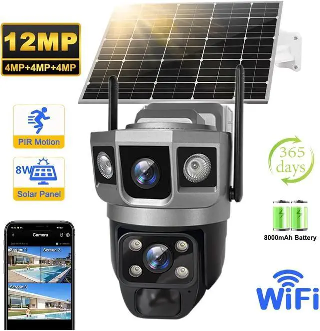 Alt view image 3 of 7 - V380 Pro 12MP Solar WiFi IP Camera CCTV Two Lens Three Screen Auto Tracking Outdoor 6K Security Surveillance PTZ Camera(Camera add 64G Card)