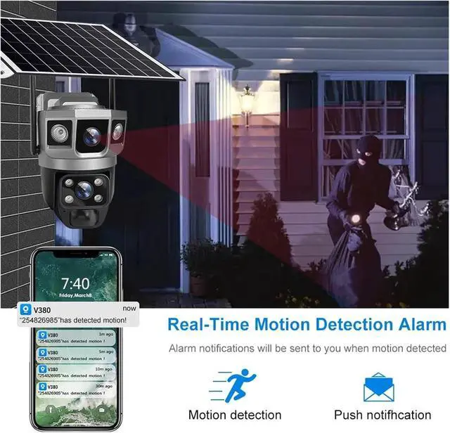 Alt view image 6 of 7 - V380 Pro 12MP Solar WiFi IP Camera CCTV Two Lens Three Screen Auto Tracking Outdoor 6K Security Surveillance PTZ Camera(Camera add 64G Card)