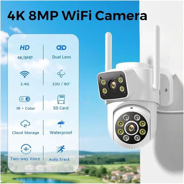 Alt view image 2 of 6 - 4K PTZ WiFi IP Camera 8MP Dual Lens AI Human Detection Outdoor Security CCTV with Dual Screens ICSEE App Control(UK Plug,8MP Add 128G SD Card)