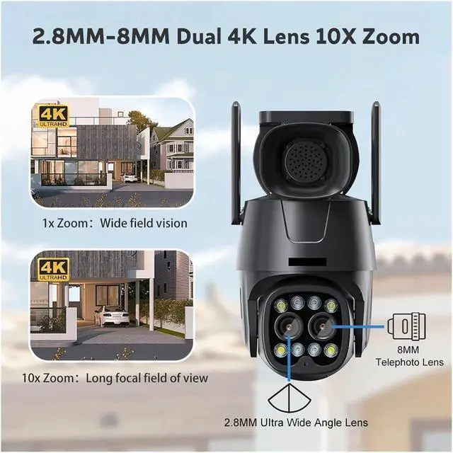Alt view image 2 of 6 - WiFi / 4G Sim Card Security Camera Dual 4K 8MP Ultra HD Lens 10X Digital Zoom AI Human/Vehicle/Pets Smart Detection 16MP Camera(16MP WiFi NO TF Card)