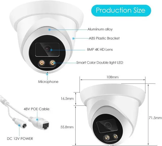 Alt view image 6 of 6 - 8MP 4K IP Camera Outdoor ASECAM Face Detection Audio Dual Light H.265 CCTV Metal Dome Video Surveillance Camera RTSP(2.8mm,8MP POE AI Camera)