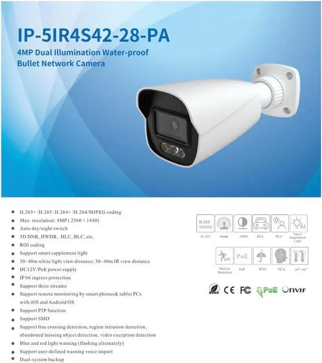 Alt view image 2 of 4 - ENS Titanium IP-5IR4S42-28-PA IP 4MP 2.8mm Full Color Dual Light WDR AI PoE Bullet Camera