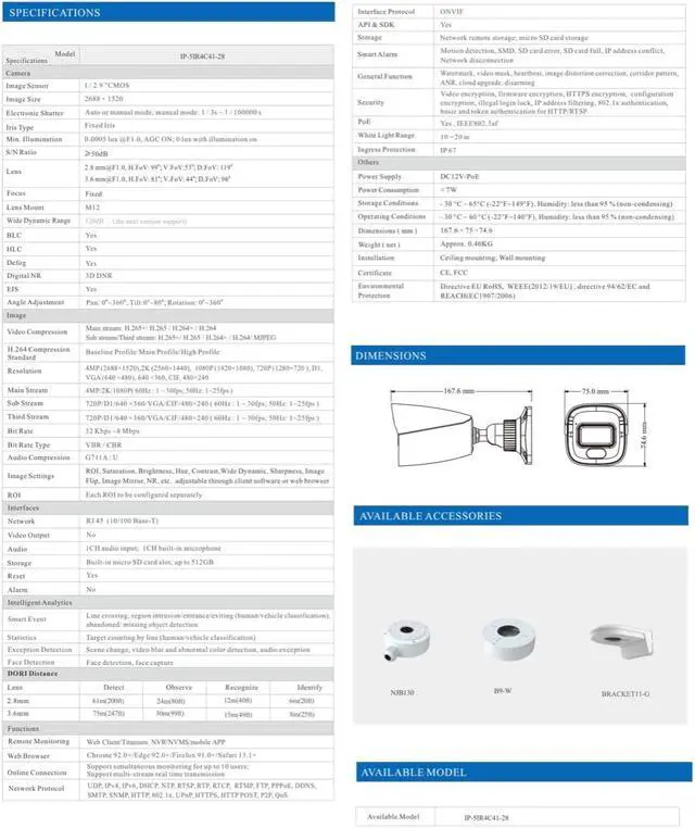 Alt view image 3 of 4 - ENS Titanium IP-5IR4C41-28 IP 4MP 2.8mm Full Color Dual Light AI PoE Bullet Security Camera