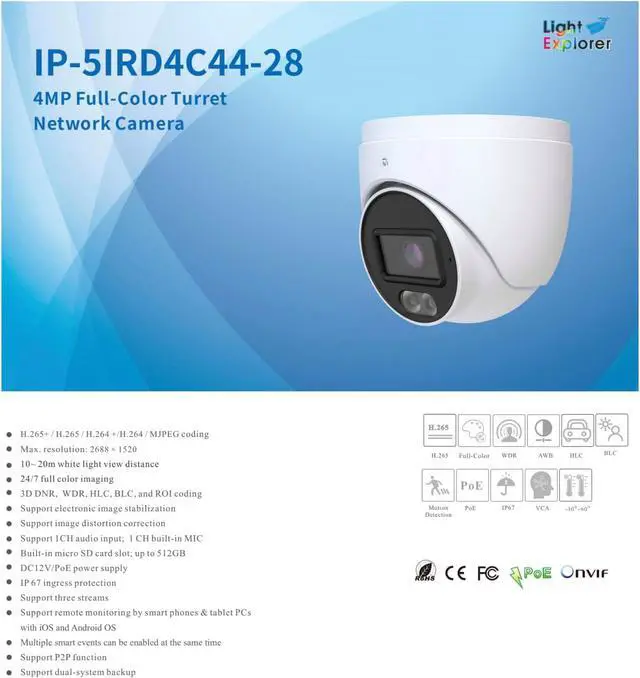 Alt view image 2 of 4 - ENS Titanium IP-5IRD4C44-28 IP 4MP 2.8mm 66ft White Light Color WDR AI PoE Turret Camera