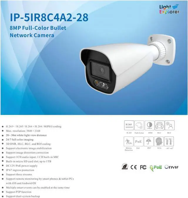 Alt view image 2 of 4 - ENS Titanium IP-5IR8C4A2-28 IP 8MP/4K 2.8mm 98ft White Light Color Ai-ISP PoE Bullet Camera