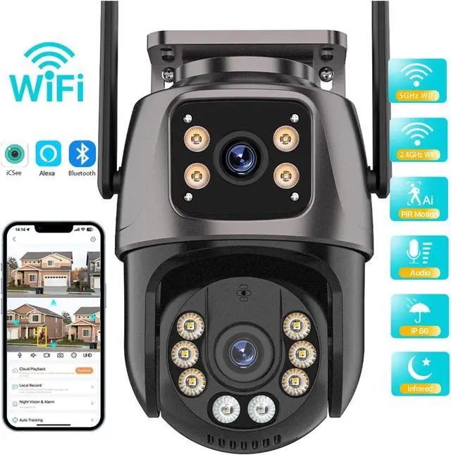 Alt view image 2 of 7 - Outdoor WiFi PTZ Security Camera, Dual Lens Dual Screen with AI Auto Tracking, Two-Way Audio Home Surveillance Cam(EU Plug,2.4G and 5G WiFi)