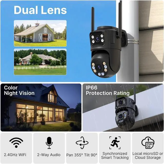 Alt view image 3 of 7 - Outdoor WiFi PTZ Security Camera, Dual Lens Dual Screen with AI Auto Tracking, Two-Way Audio Home Surveillance Cam(EU Plug,2.4G and 5G WiFi)