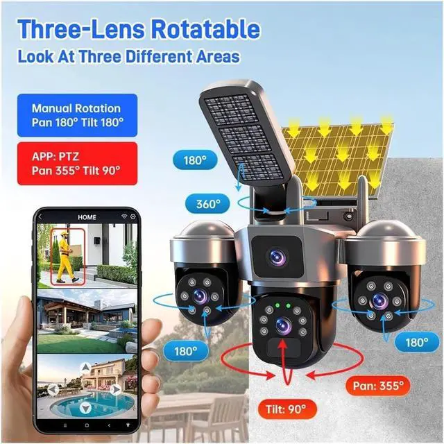 Alt view image 4 of 7 - 15MP 8K Triple Screen WiFi Solar Outdoor Security Camera, Wireless Surveillance Cam with Integrated Solar Lighting for All-Day Property Protection(WiFi Cam 128G Card)