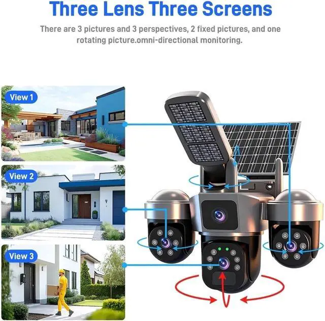 Alt view image 6 of 7 - 15MP 8K Triple Screen WiFi Solar Outdoor Security Camera, Wireless Surveillance Cam with Integrated Solar Lighting for All-Day Property Protection(WiFi Cam 128G Card)