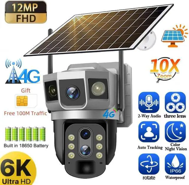 Alt view image 3 of 7 - 4G IP Camera with 4G Card 12MP 6K Triple Lens Triple Screens 10x Optical Zoom Motion Detect Night Vision Security Monitor(4G Camera 32G Card)