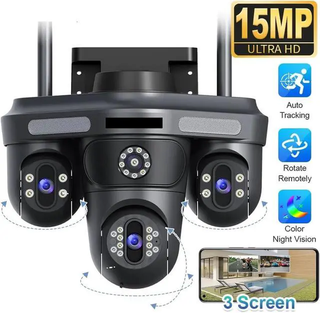 Alt view image 3 of 3 - 15MP Three Screens WiFi IP Camera Outdoor Three Lens PTZ 2-Way Audio Human Auto Tracking Surveillance Cameras(AU Plug,15MP Add 32G Card)