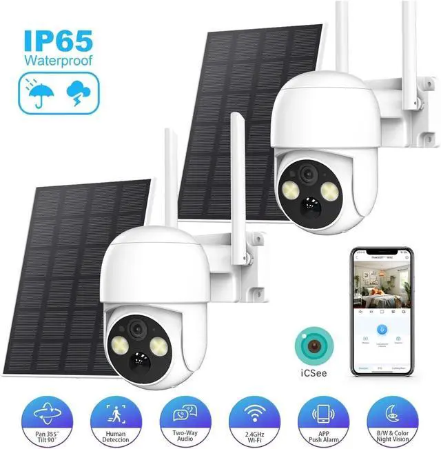 Alt view image 2 of 7 - 2-Pack 5MP Solar Powered Wireless PTZ Outdoor Security Cameras, IP65 Waterproof Surveillance Cameras with 360° Pan Tilt, Full Color Night Vision & Two-Way Audio(2PK Cam 32G Card)