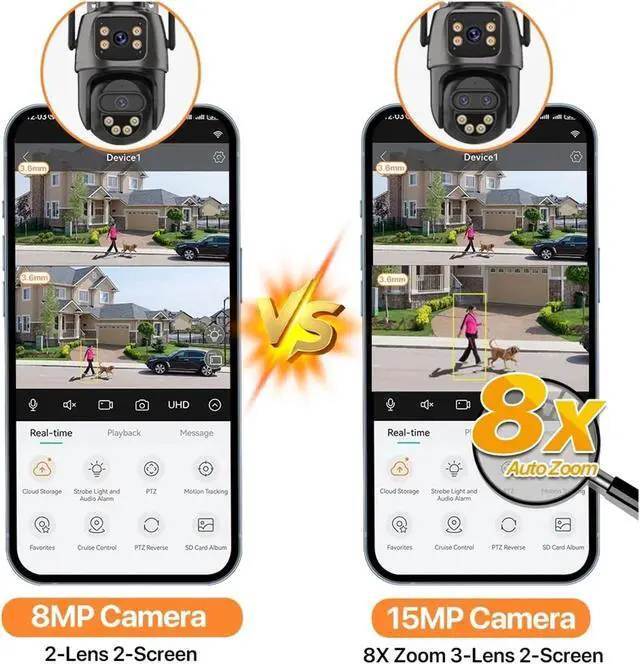 Alt view image 7 of 7 - 15MP HD WiFi IP Camera Outdoor 8X Zoom Three Lens Dual Screen PTZ Camera Auto Tracking Home Security CCTV Surveillance 8MP Cam(UK Plug,8MP Add 32G)