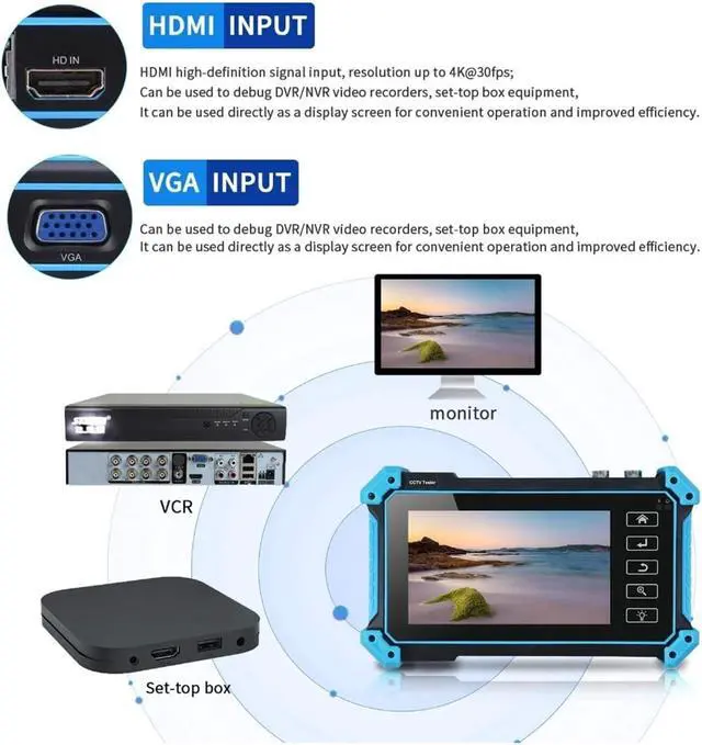 Alt view image 4 of 7 - CCTV Tester, Rsrteng IPC-9800MOVTADHS Plus+ Full Features CCTV Camera Tester 7-inch IPS Touch Screen Monitor with HD-TVI HD-CVI AHD SDI IP Support OPM VFL TDR POE 4K H.265