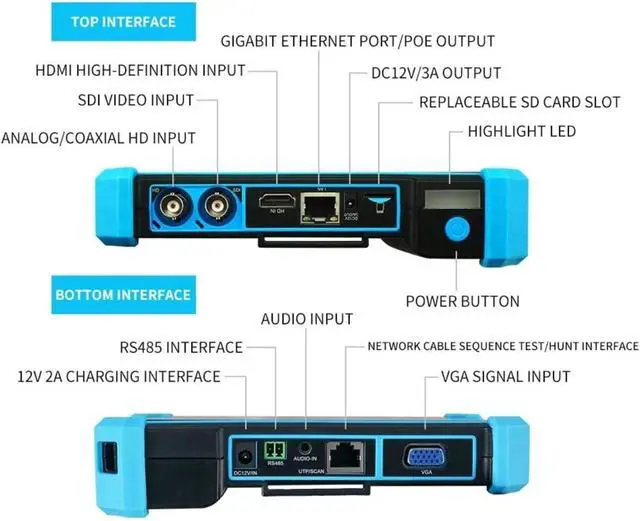 Alt view image 3 of 7 - CCTV Tester, Rsrteng IPC-9800MOVTADHS Plus+ Full Features CCTV Camera Tester 7-inch IPS Touch Screen Monitor with HD-TVI HD-CVI AHD SDI IP Support OPM VFL TDR POE 4K H.265