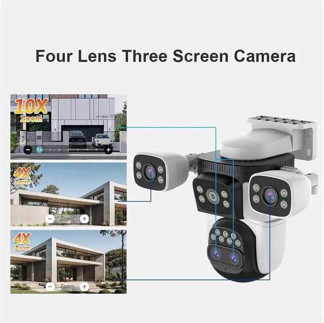 Alt view image 3 of 7 - 20MP 10K Four-Lens PTZ Security Cam, Three Screens, 10X Digital Zoom, WiFi Outdoor AI Human Auto Tracking Surveillance(US,10K 10xZoom Add 256G)