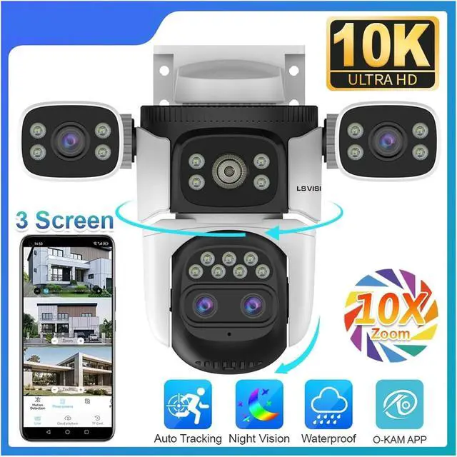 Alt view image 2 of 7 - 20MP 10K Four-Lens PTZ Security Cam, Three Screens, 10X Digital Zoom, WiFi Outdoor AI Human Auto Tracking Surveillance(US,10K 10xZoom Add 256G)