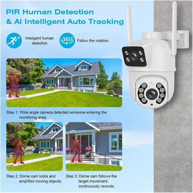 Alt view image 4 of 6 - 4K 8MP Outdoor PTZ WiFi Security Cam, Dual Lens Dual Screens, AI Human Detection Wireless CCTV Surveillance(EU Plug,8MP ADD 128G)