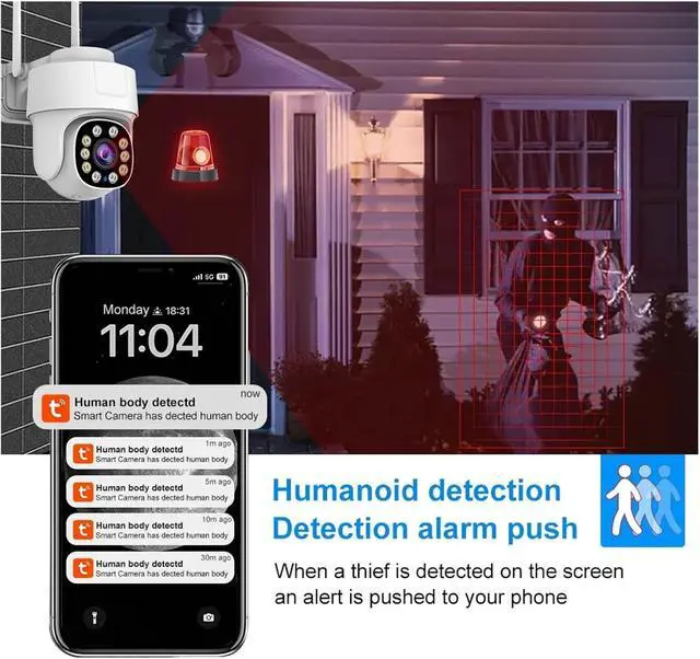 Alt view image 4 of 7 - Tuya Smart WiFi PTZ Camera Outdoor Waterproof Security Camera Full Color Night Vision Audio Surveillance Human Motion Detection(US Plug,6MP NO SD Card)