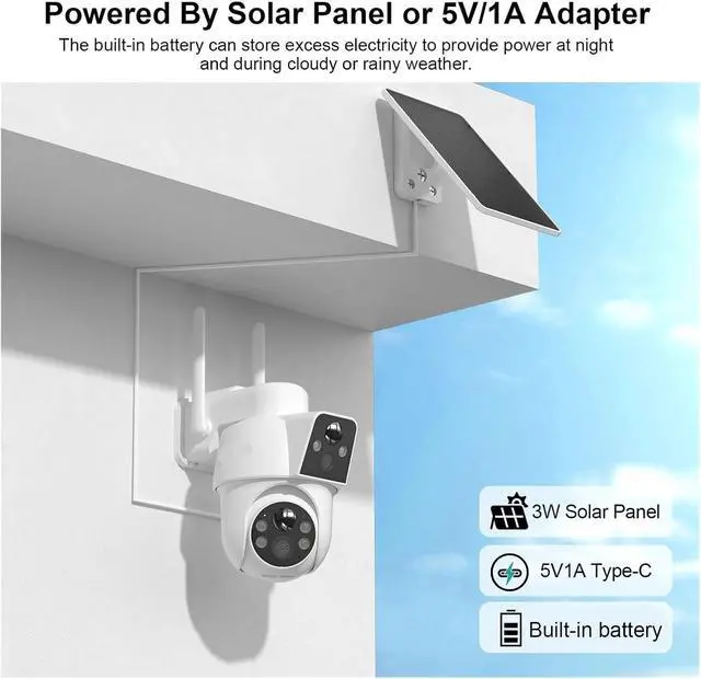 Alt view image 3 of 6 - Dual Lens WiFi Solar Security Cam, Outdoor IP Rated, Color Night Vision, PIR Motion Detection Continuous Home Surveillance